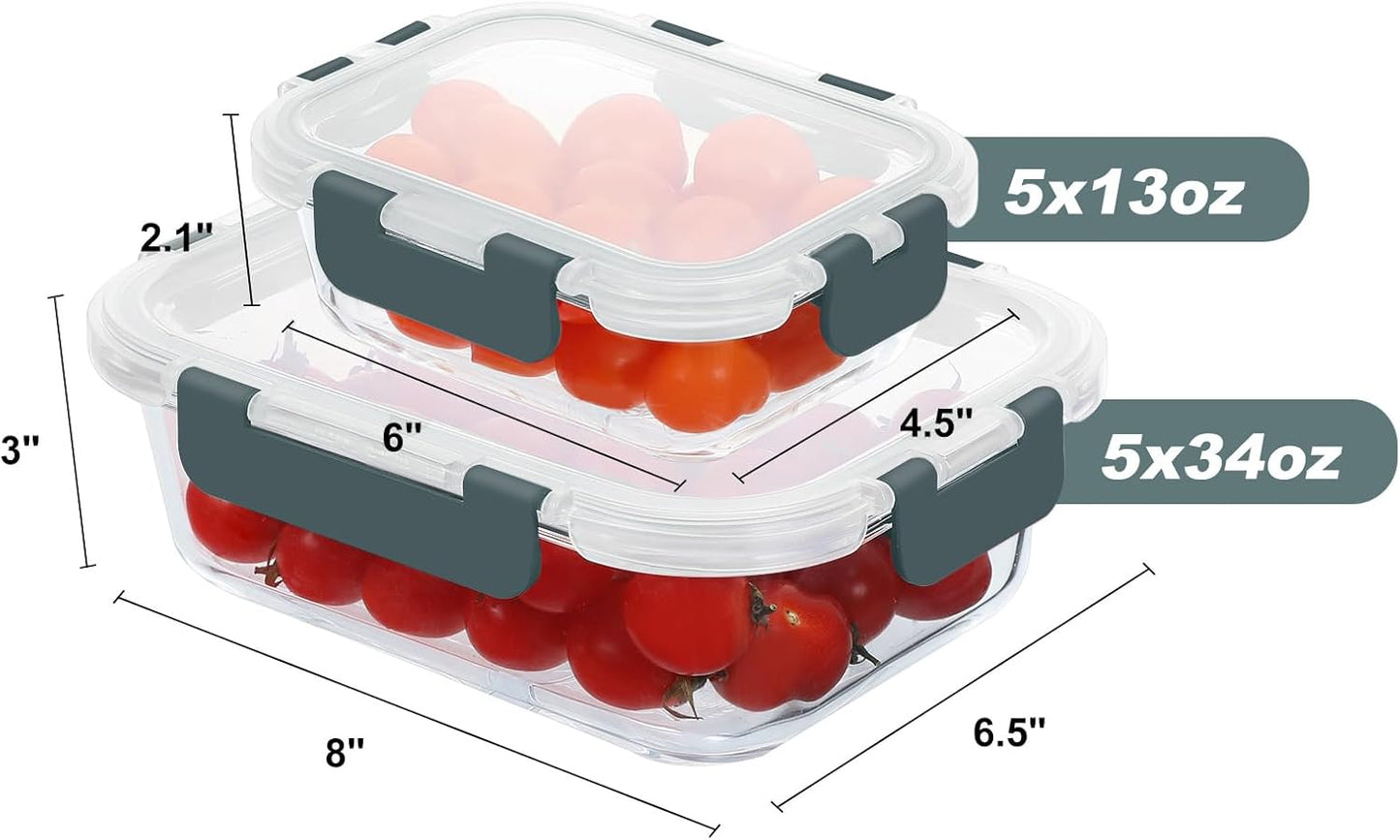 10 Pack Glass Food Storage Containers,  Leakproof Food Storage Set, Airtight Glass Lunch Boxes, Freezer, Oven, and Microwave Safe