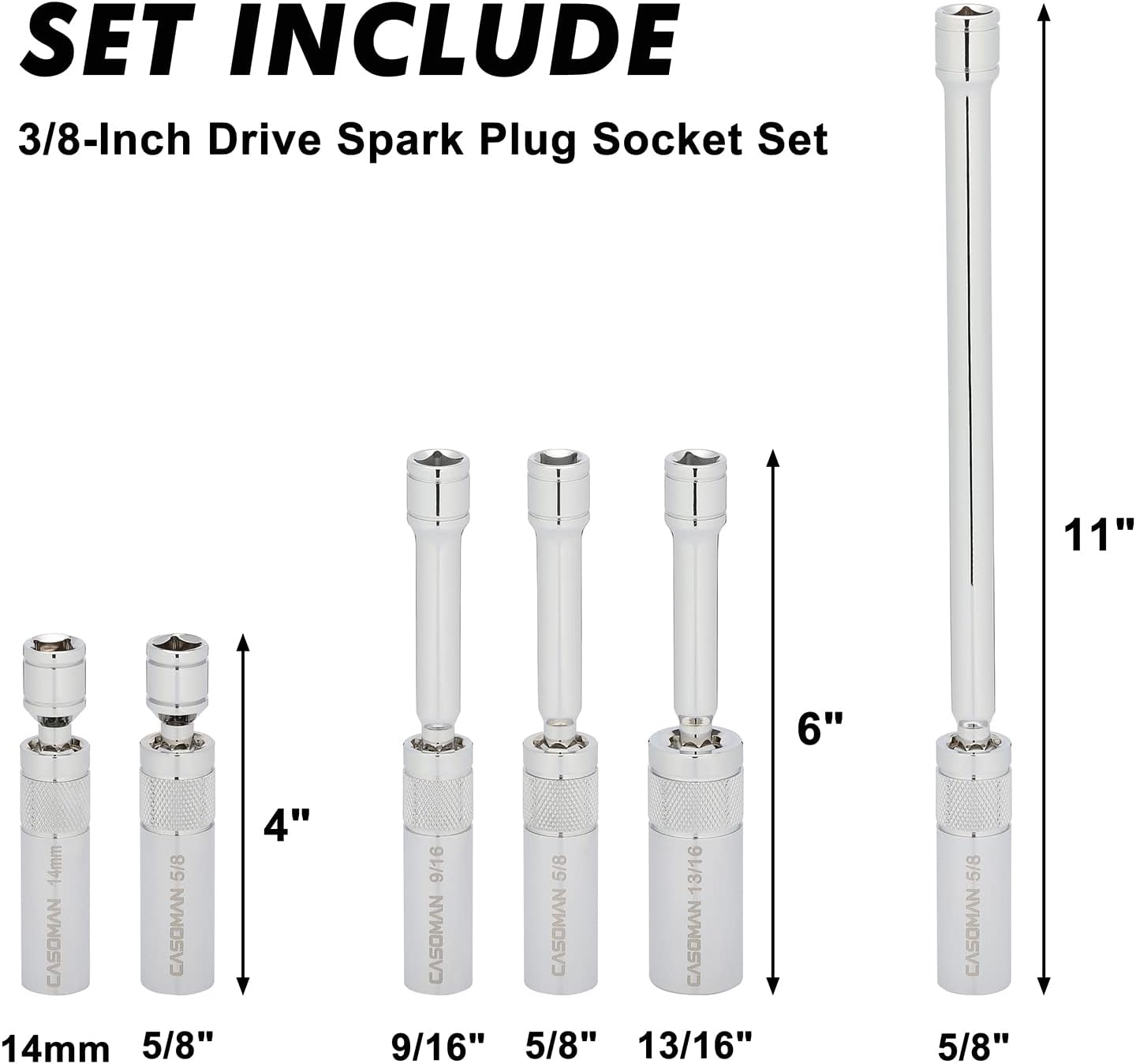6PCS 3/8-Inch Drive Magnetic Swivel Spark Plug Socket Set, Include 9/16-Inch, 5/8-Inch, 13/16-Inch, 14mm Socket, Length: 4-Inch, 6-Inch, 11-Inch, 12-Point, CR-V