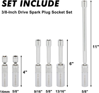 6PCS 3/8-Inch Drive Magnetic Swivel Spark Plug Socket Set, Include 9/16-Inch, 5/8-Inch, 13/16-Inch, 14mm Socket, Length: 4-Inch, 6-Inch, 11-Inch, 12-Point, CR-V