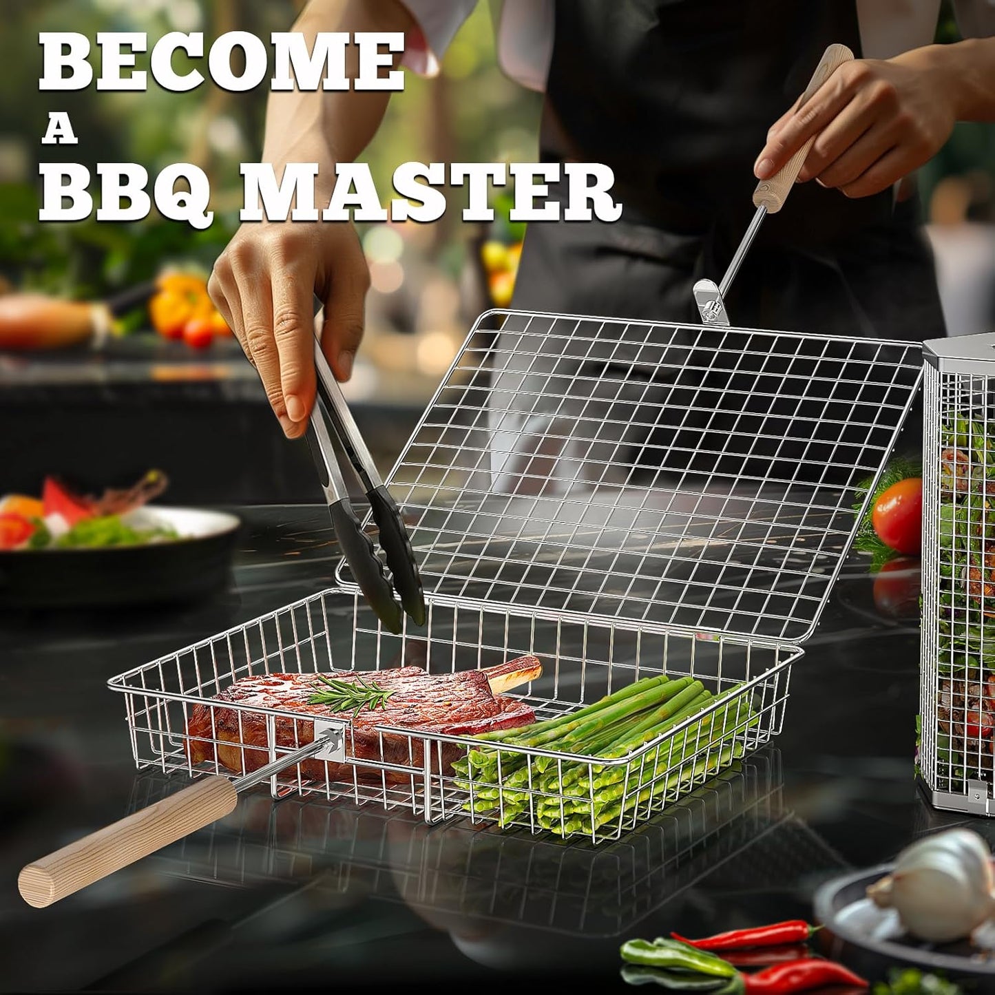 Grill Basket Set with Removable Wooden Handles, 304 Stainless Steel BBQ Grilling Baskets for Vegetables, Fish, Shrimp & Steak, Outdoor Cooking and Camping Accessories