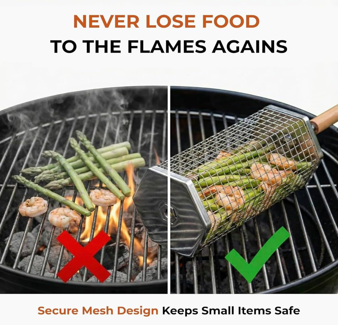 Grill Basket Set with Removable Wooden Handles, 304 Stainless Steel BBQ Grilling Baskets for Vegetables, Fish, Shrimp & Steak, Outdoor Cooking and Camping Accessories