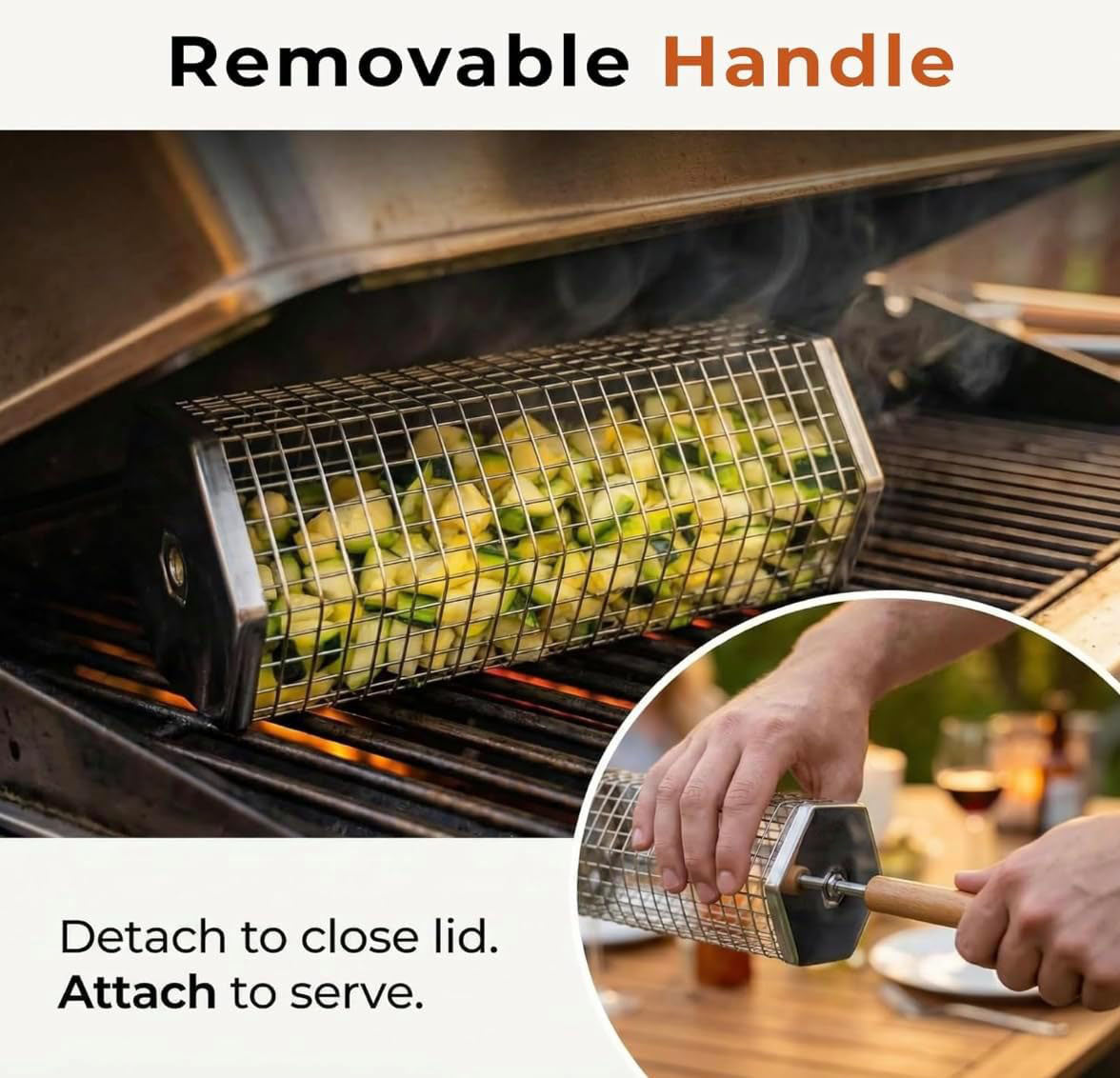 Grill Basket Set with Removable Wooden Handles, 304 Stainless Steel BBQ Grilling Baskets for Vegetables, Fish, Shrimp & Steak, Outdoor Cooking and Camping Accessories