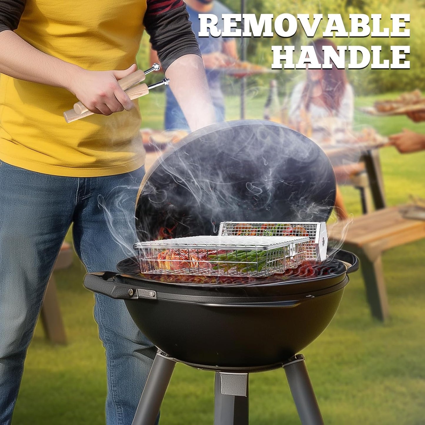 Grill Basket Set with Removable Wooden Handles, 304 Stainless Steel BBQ Grilling Baskets for Vegetables, Fish, Shrimp & Steak, Outdoor Cooking and Camping Accessories